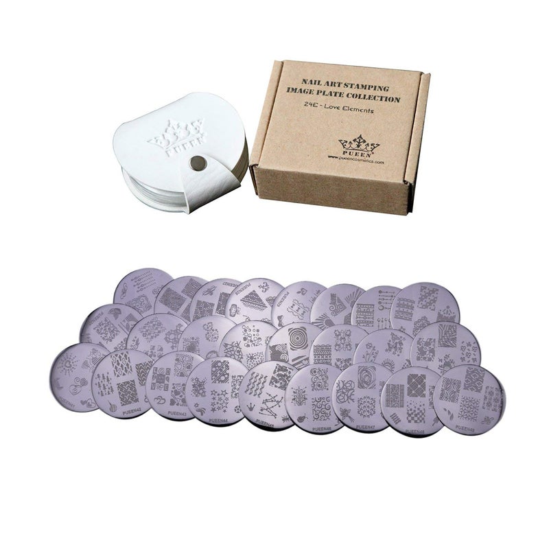 PUEEN Nail Art Stamp Collection Set 24E - LOVE ELEMENTS - NEW Unique Set of 24 Nailart Polish Stamping Manicure Image Plates Accessories Kit (Totaling 144 Images) with BONUS Storage Case-BH000018 - Image 1